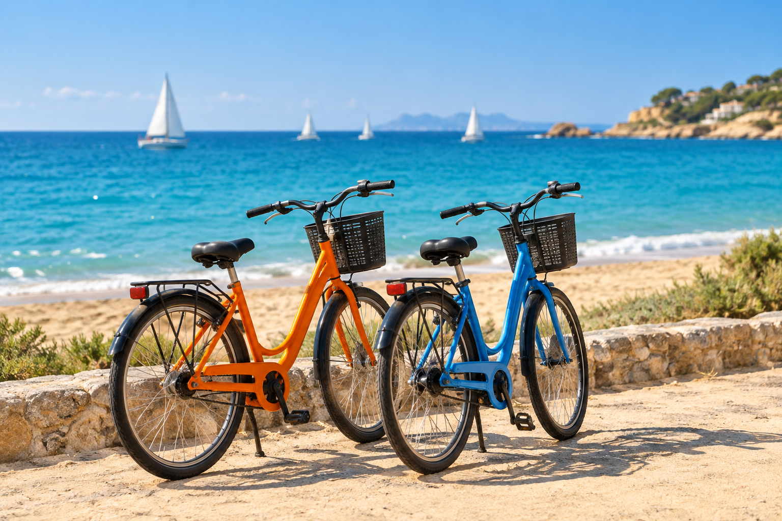 Two rental bikes parked on a sunny seaside promenade