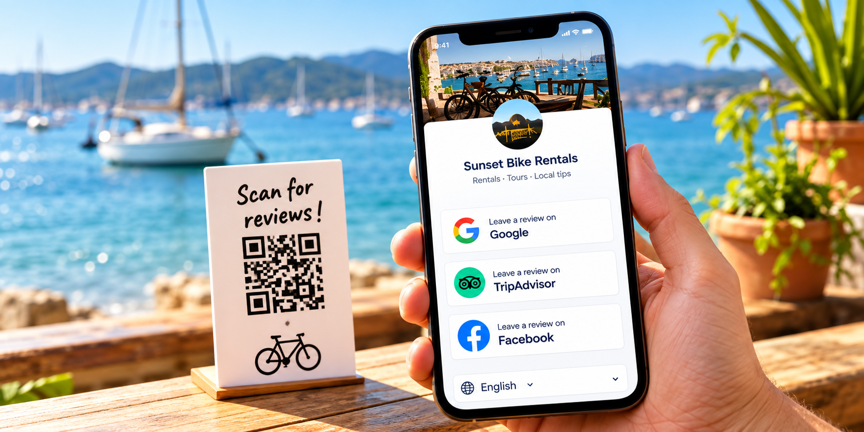 A guest scans a QR counter card and sees the business page with review buttons