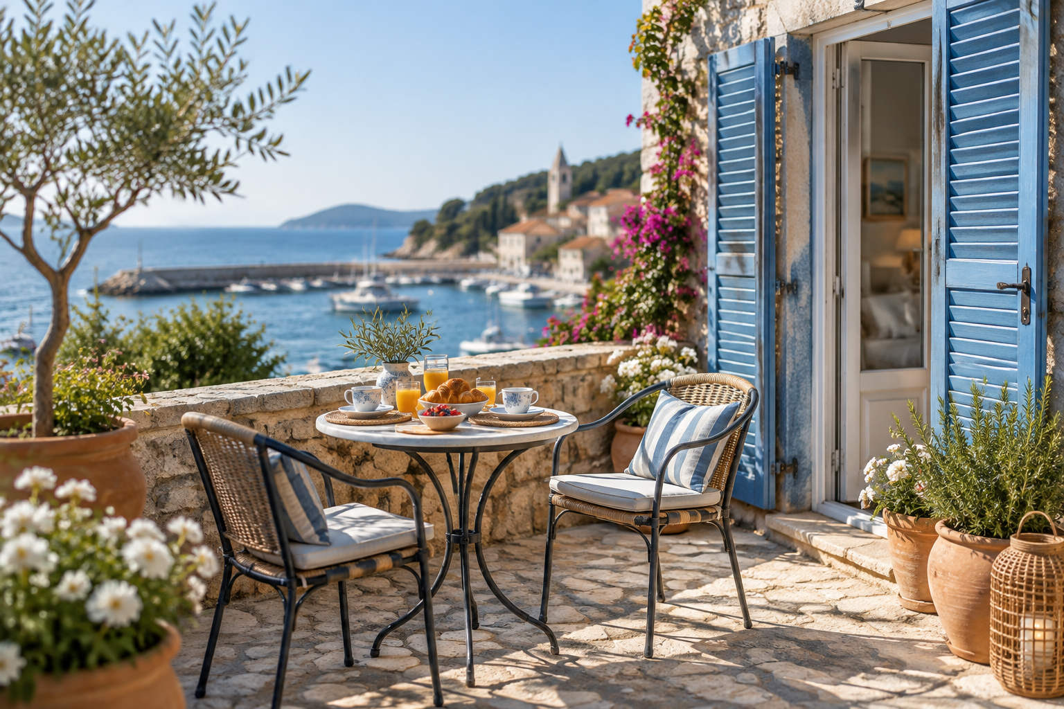 Holiday home terrace with a table, chairs and a sea view