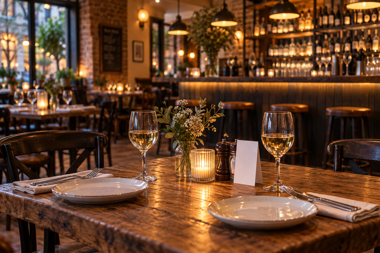 Restaurant table set with glasses and candles in the evening